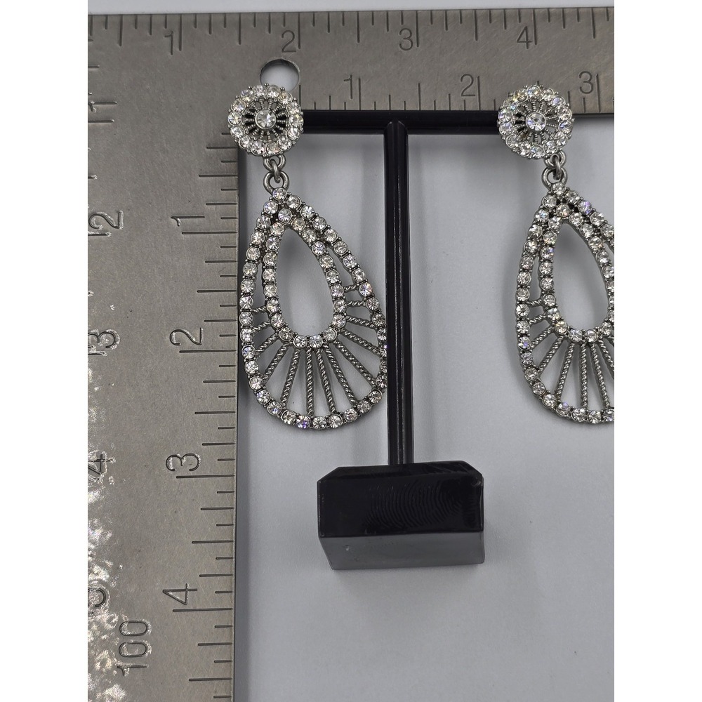 Sparkling Clear Rhinestone Dangle Earrings Silver Tone Teardrop Fashion Jewelry - Picture 6 of 16